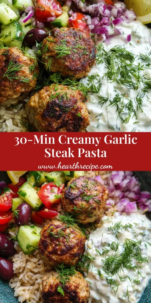 A close-up of a Mediterranean Meatball Bowl inspired by Garlic Butter Steak and Pasta flavors, featuring seared meatballs and brown rice.