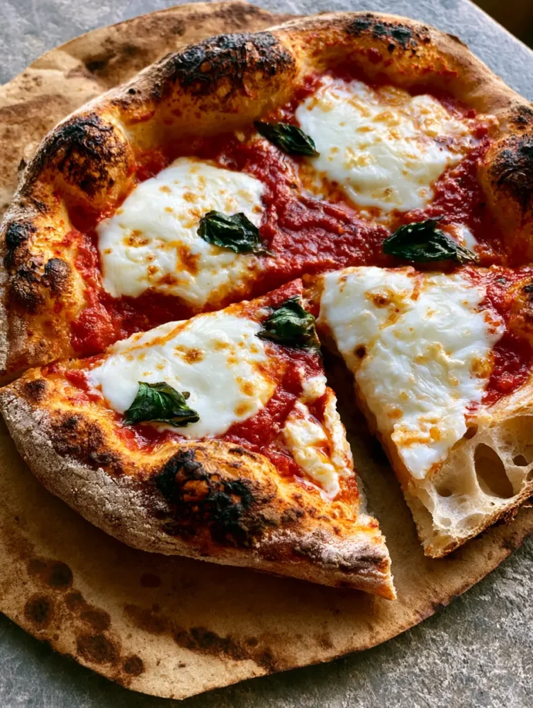 Sourdough Discard Pizza Crust: The Secret to Blistered Artisan Pizza at Home 2 Top-down view of a Sourdough Discard Pizza Crust showing vibrant red sauce and melted white cheese pools.