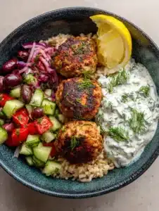 Top-down photo of a Mediterranean grain bowl with seared turkey meatballs, brown rice, cucumber, tomatoes, and tzatziki. (Garlic Butter Steak and Pasta style)