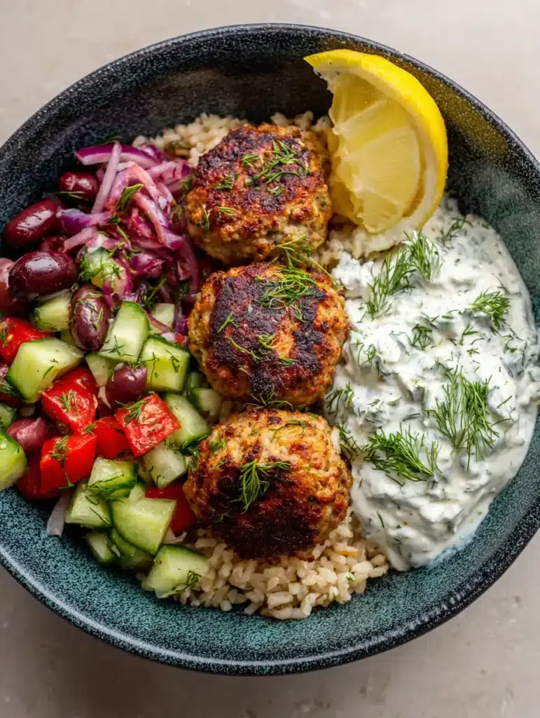 Top-down photo of a Mediterranean grain bowl with seared turkey meatballs, brown rice, cucumber, tomatoes, and tzatziki. (Garlic Butter Steak and Pasta style)