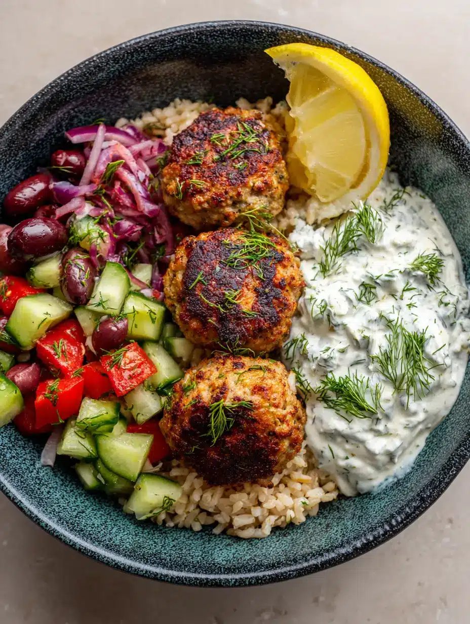 Top-down photo of a Mediterranean grain bowl with seared turkey meatballs, brown rice, cucumber, tomatoes, and tzatziki. (Garlic Butter Steak and Pasta style)