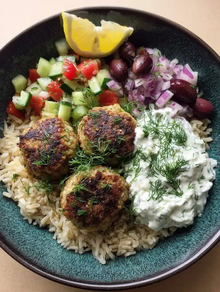 Detailed view of seared turkey meatballs and fresh Mediterranean salad in a dark teal bowl. (Garlic Butter Steak and Pasta inspiration)