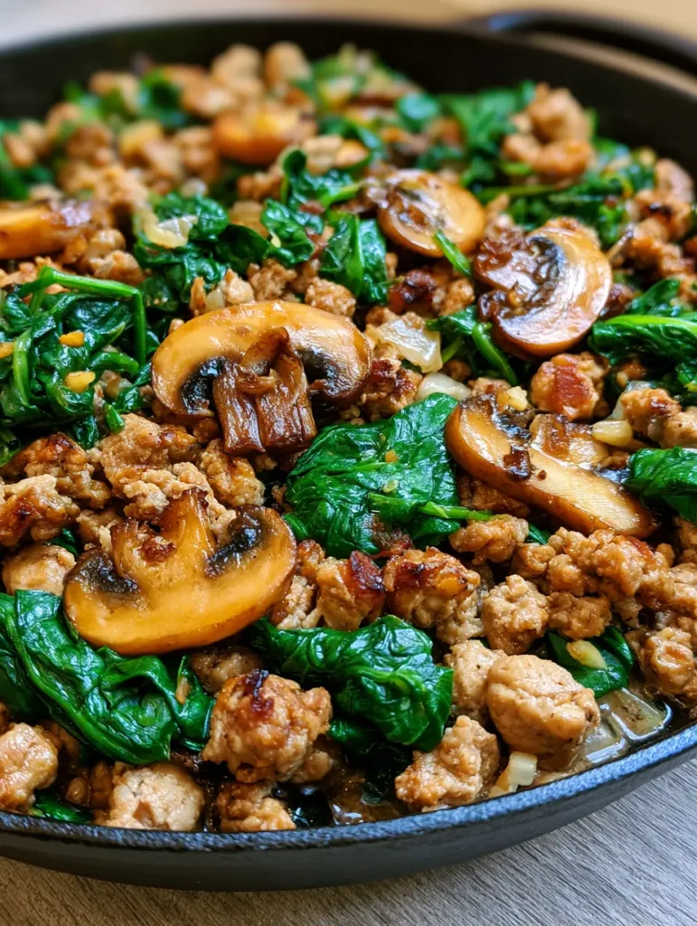 Sautéed mushrooms and onions mixed with wilted spinach and ground turkey in a skillet. (Turkey Spinach Mushroom Skillet)