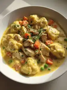 Close-up of pillowy dough dumplings and shredded white meat chicken in a velvety golden broth. (Chicken and Dumplings)