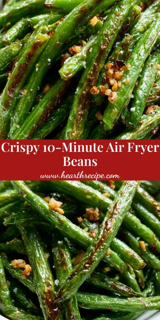A casual heap of blistered Air Fryer Green Beans with crispy garlic bits in a white ceramic bowl.