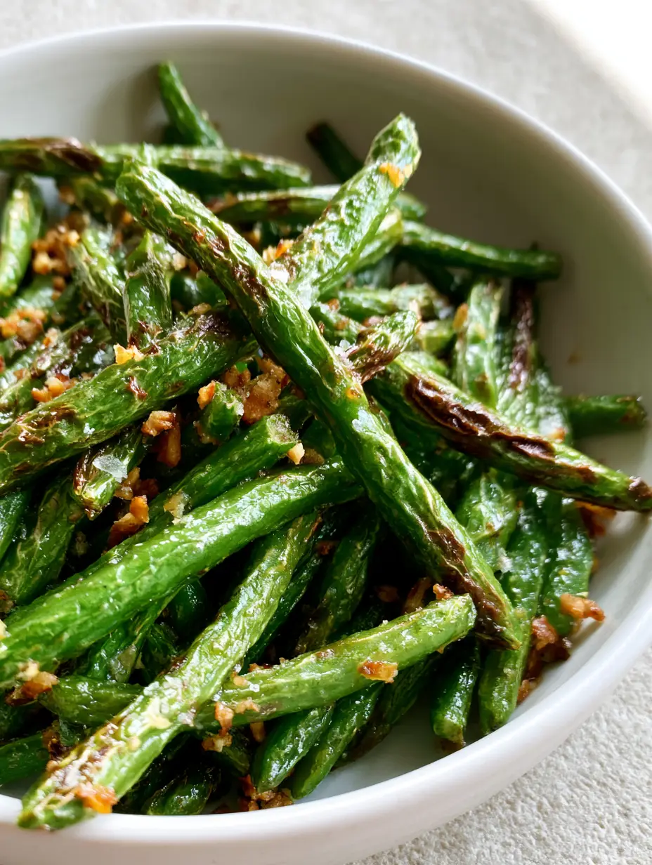 Smartphone photo showing vibrant green Air Fryer Green Beans with visible char marks and glistening oil.