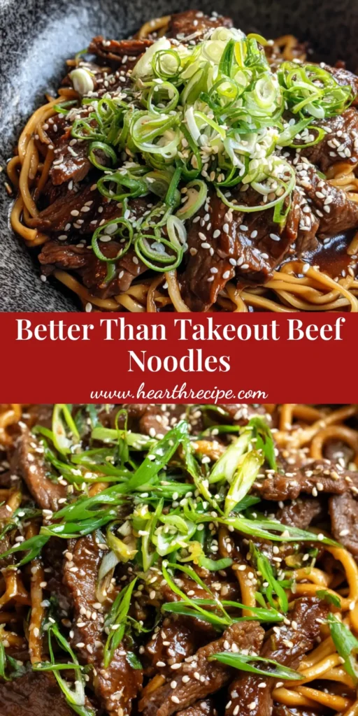 Close-up of Sticky Beef Noodles in a dark ceramic bowl with glossy sauce, seared beef, and green scallions.