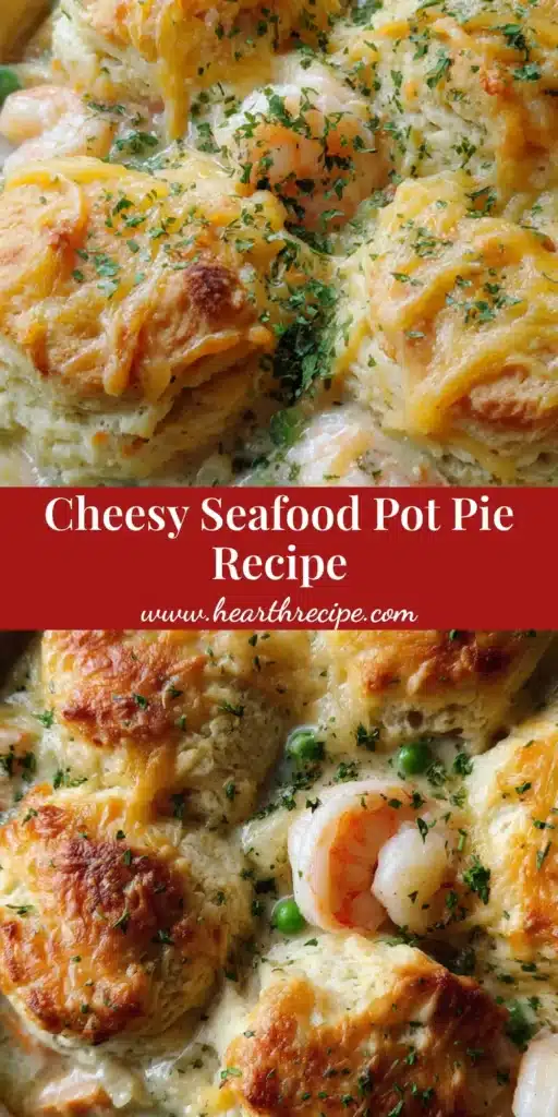 A rustic ceramic dish of Seafood Pot Pie with golden-brown cheddar biscuits, pink shrimp, and bright green peas in a creamy white sauce.