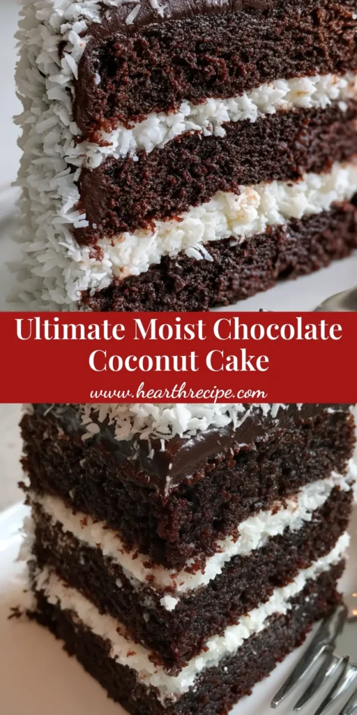 A tall, vertical slice of Chocolate Coconut Cake on a white plate showing three dark chocolate layers and white coconut filling.