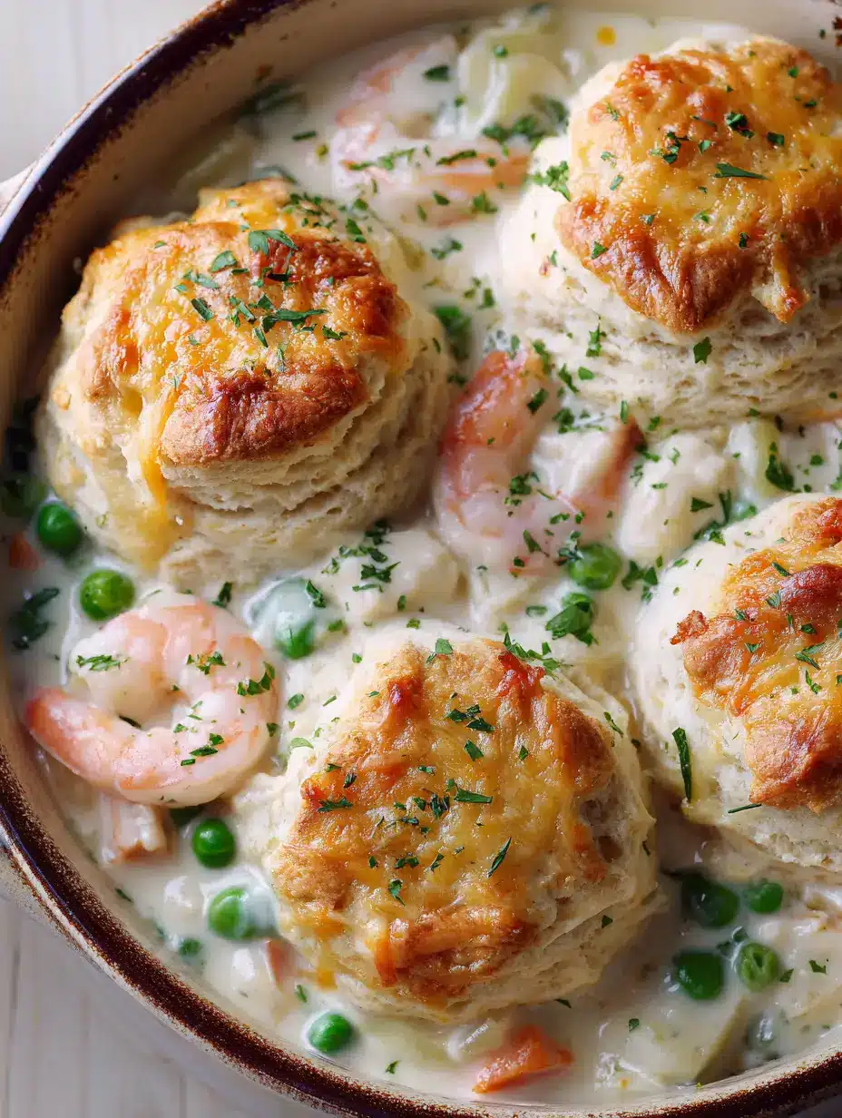 Close-up of Seafood Pot Pie showing pink curled shrimp, white fish pieces, and craggy golden cheddar biscuits.