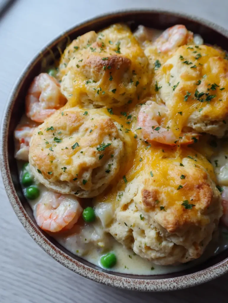 Side view of a Seafood Pot Pie in a rustic ceramic dish with a shiny garlic butter glaze and dried parsley flakes on top.