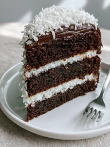 Smartphone photo of Chocolate Coconut Cake with dark ganache and white coconut flakes on a grey stone counter.