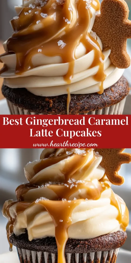A tall Gingerbread Caramel Latte Cupcake with two-tone espresso frosting, a golden caramel drip, and a mini gingerbread man cookie topper.