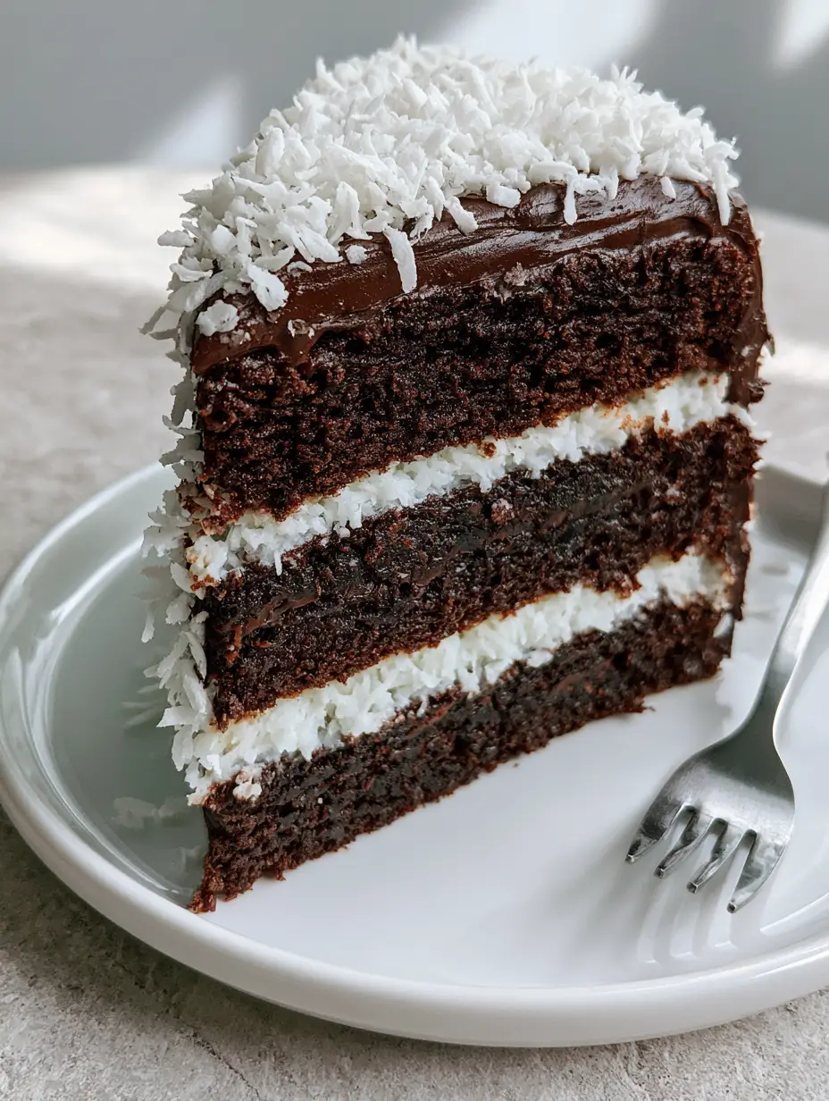 Smartphone photo of Chocolate Coconut Cake with dark ganache and white coconut flakes on a grey stone counter.