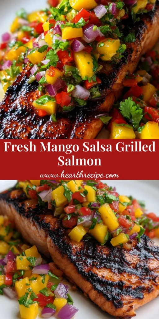 A professional food photography shot of Grilled Salmon with Mango Salsa featuring charred grill marks and vibrant fruit topping on a white plate.
