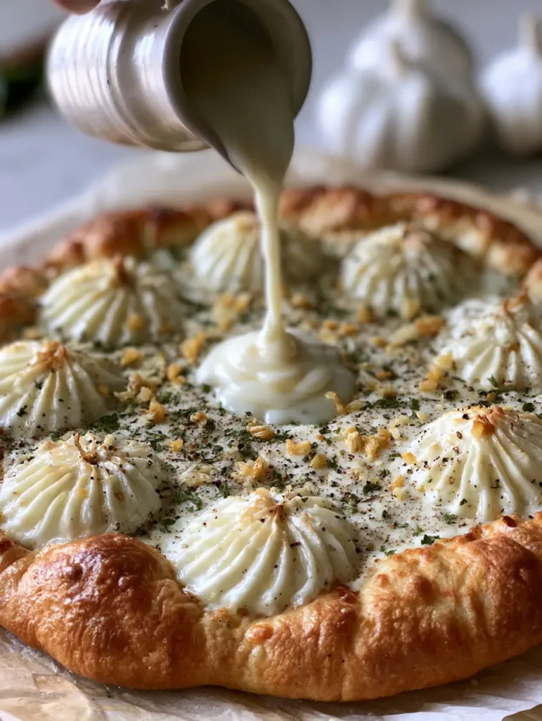 A handheld smartphone photo showing ivory-white garlic sauce being poured from a ceramic pitcher onto a fresh pizza crust. (White Garlic Pizza Sauce)