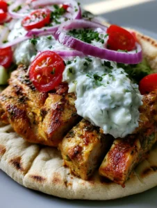 Handheld photo of a thick Greek Chicken Gyro stuffed with grilled chicken and sliced red onions. (Greek Chicken Gyros)
