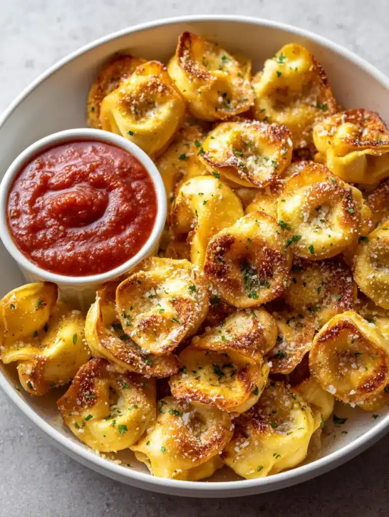 Handheld smartphone style photo of Air Fryer Cheese Tortellini with a side of thick red marinara sauce.