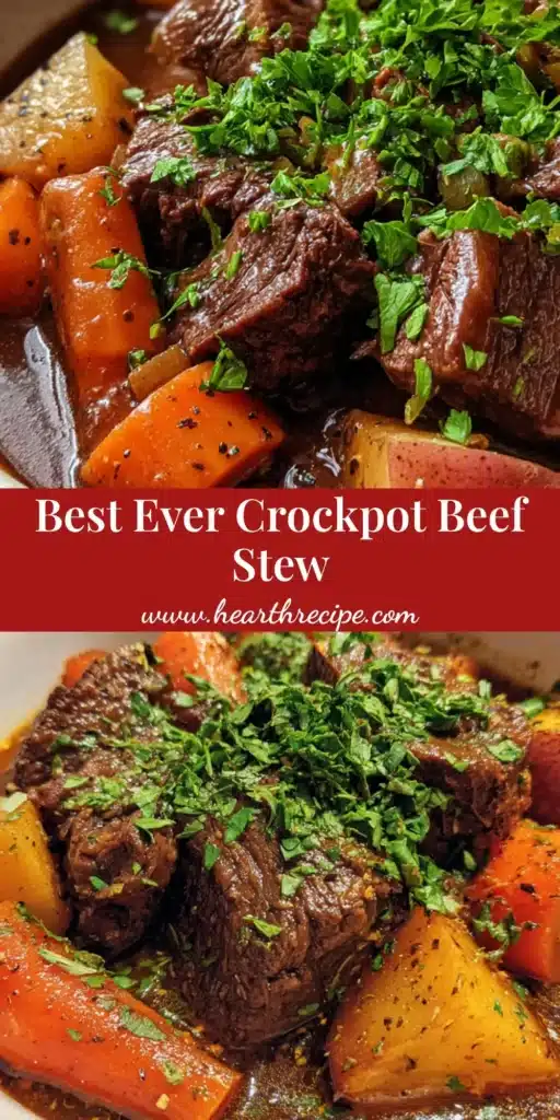 Crockpot Beef Stew: The Ultimate Guide to a Velvety Mahogany Gravy 4 A deep white ceramic bowl of hearty Crockpot Beef Stew with seared beef, red potatoes, and carrots in a dark mahogany gravy.
