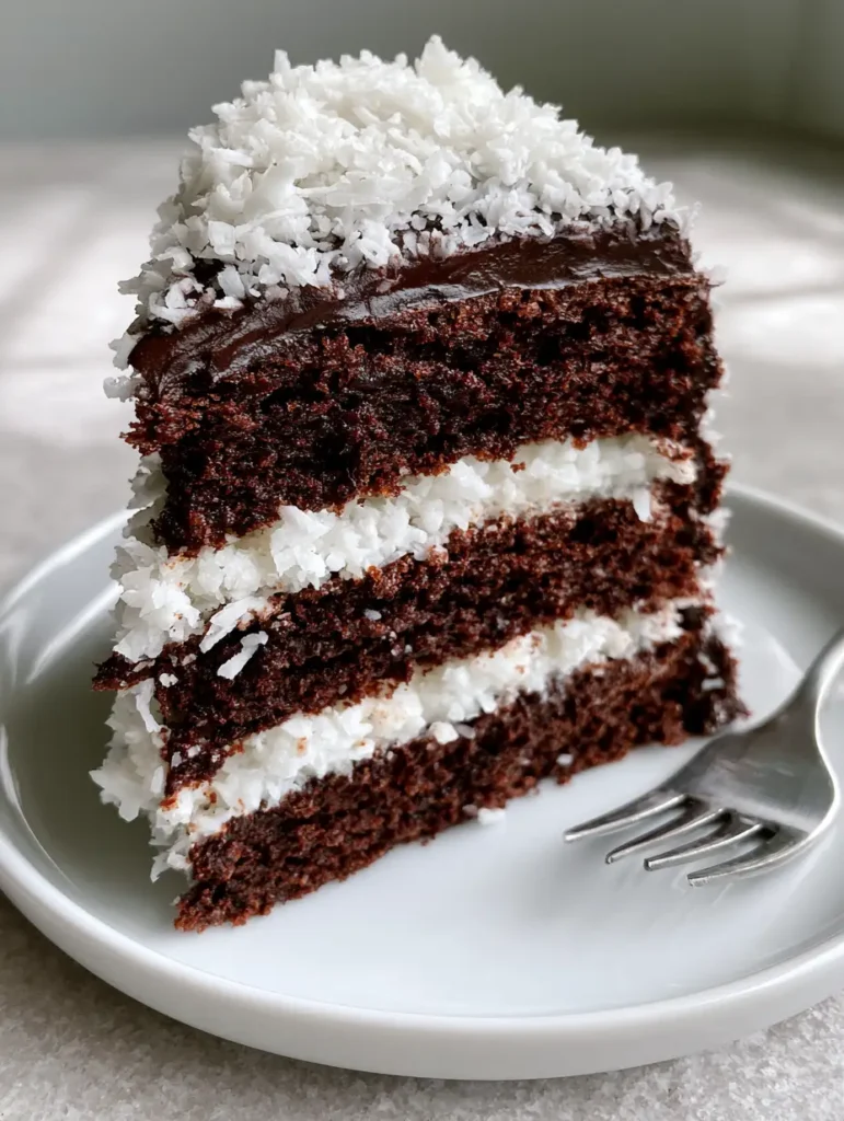 Close up of the tender crumb and snowy white coconut filling of the Chocolate Coconut Cake.