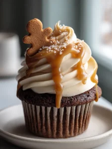 Close-up of Gingerbread Caramel Latte Cupcakes showing the thick golden caramel drizzle and ground cinnamon dusting.