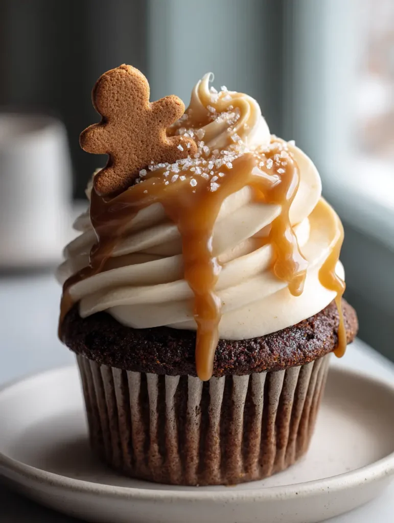 Close-up of Gingerbread Caramel Latte Cupcakes showing the thick golden caramel drizzle and ground cinnamon dusting.