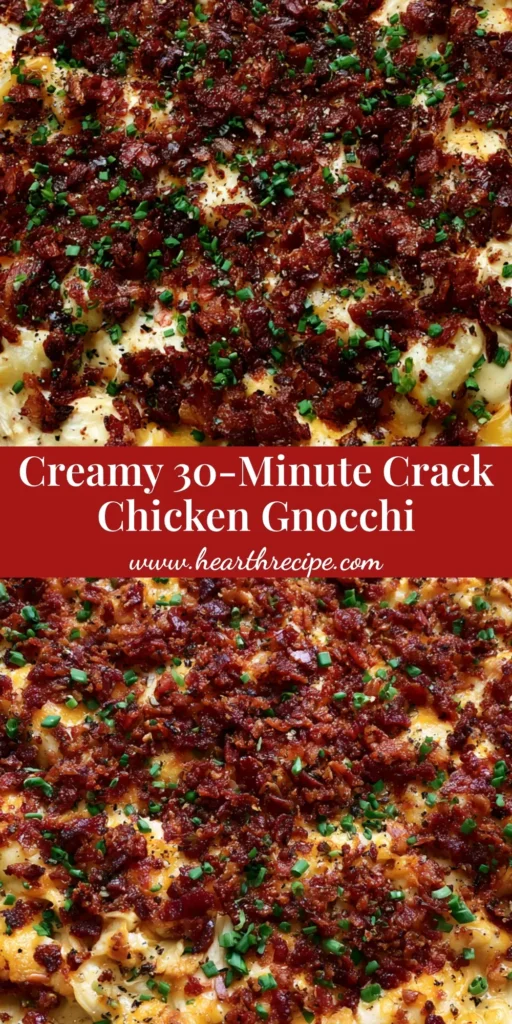 A top-down view of a rustic cast iron skillet filled with Crack Chicken Gnocchi, showing glossy cream sauce, melted cheddar pulls, and a dense layer of crispy bacon and fresh chives.