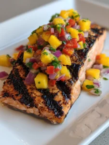 A handheld smartphone photo of Grilled Salmon with Mango Salsa on a white ceramic plate with a light gray background.