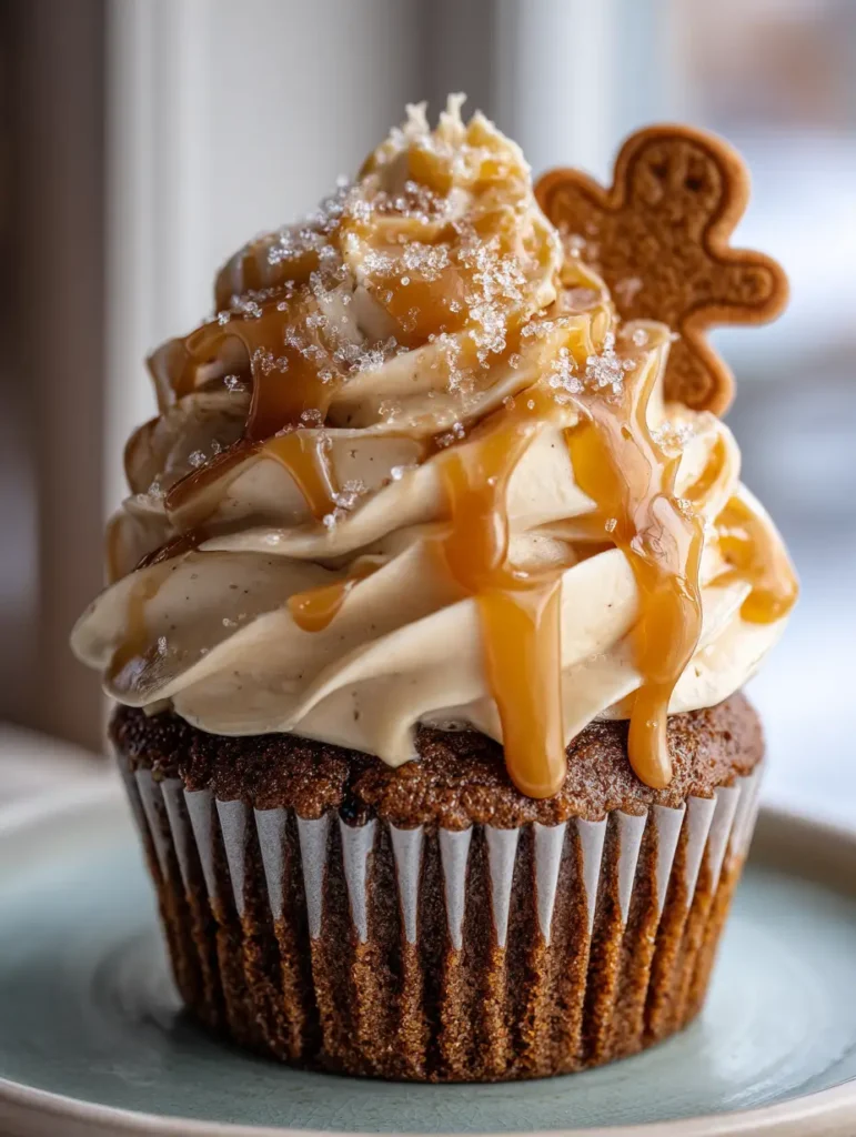 Handheld photo of a dark spiced gingerbread cupcake with latte flavored frosting and a mini gingerbread man.