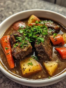 Top-down view of Crockpot Beef Stew featuring seared beef chunks, thick diagonal carrots, and skin-on red potatoes.