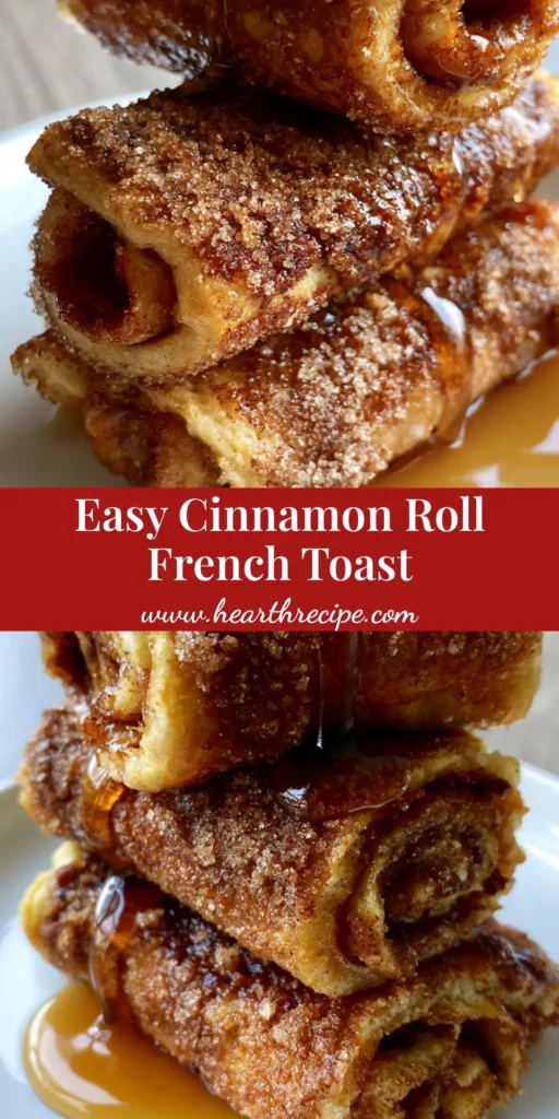 Cinnamon Roll French Toast Roll-Ups with a Crispy Cinnamon Sugar Crust 4 A stack of three Cinnamon Roll French Toast Roll-Ups on a white plate with a thick maple syrup drizzle. (Cinnamon Roll French Toast Roll-Ups)