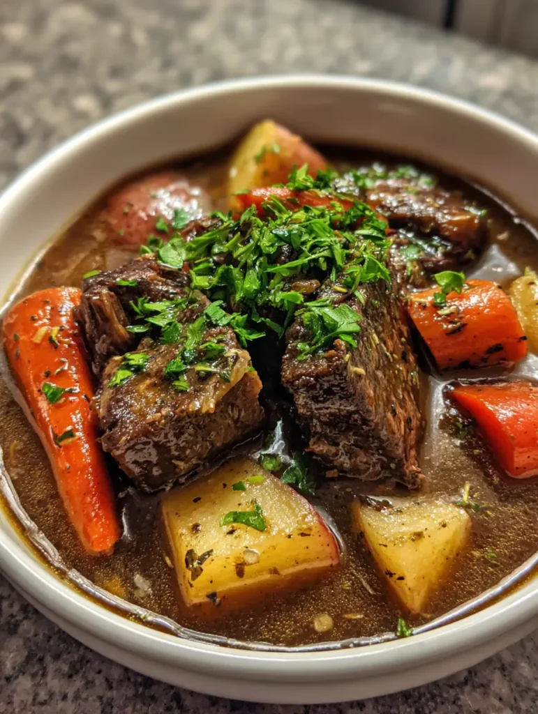Top-down view of Crockpot Beef Stew featuring seared beef chunks, thick diagonal carrots, and skin-on red potatoes.