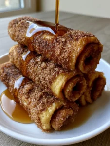 Close-up of charred, golden-brown Cinnamon Roll French Toast Roll-Ups showing the granulated sugar texture. (Cinnamon Roll French Toast Roll-Ups)
