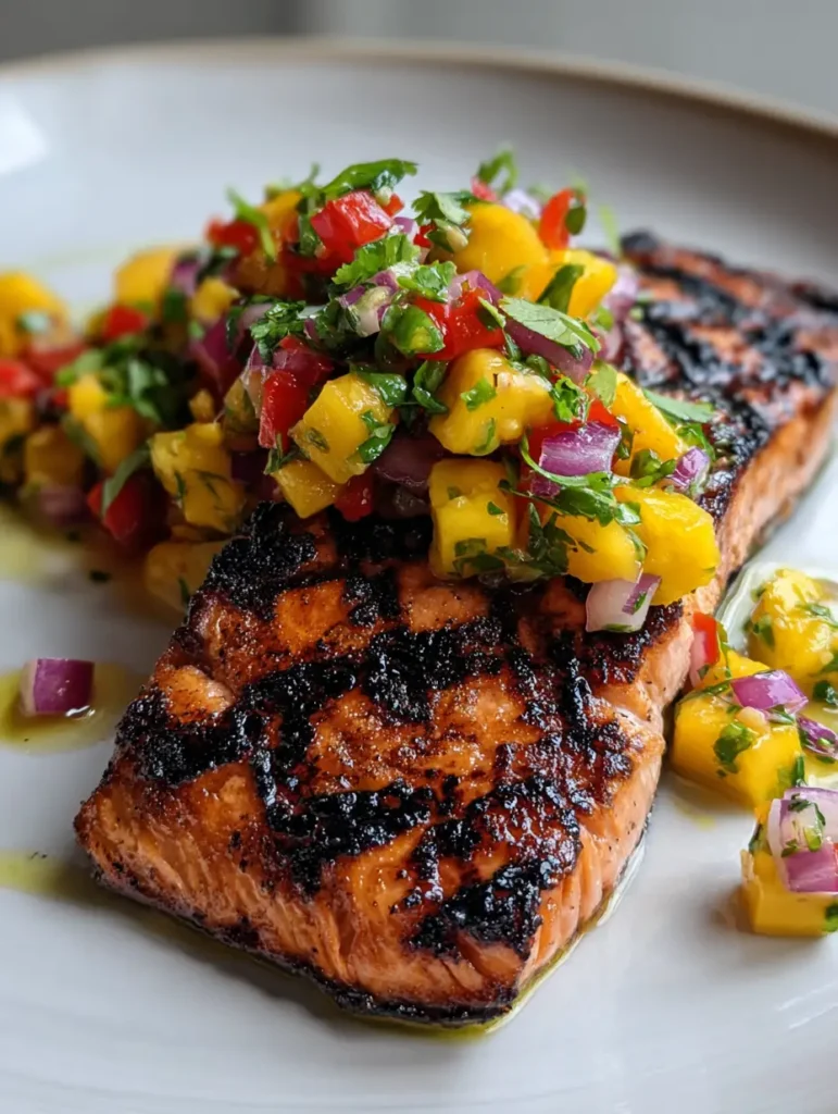 Close up of charred grilled salmon fillet topped with bright yellow mango cubes and red bell pepper.