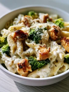 Close-up of al dente penne pasta coated in a thick white cream sauce with visible cracked black pepper flecks and seared chicken chunks.