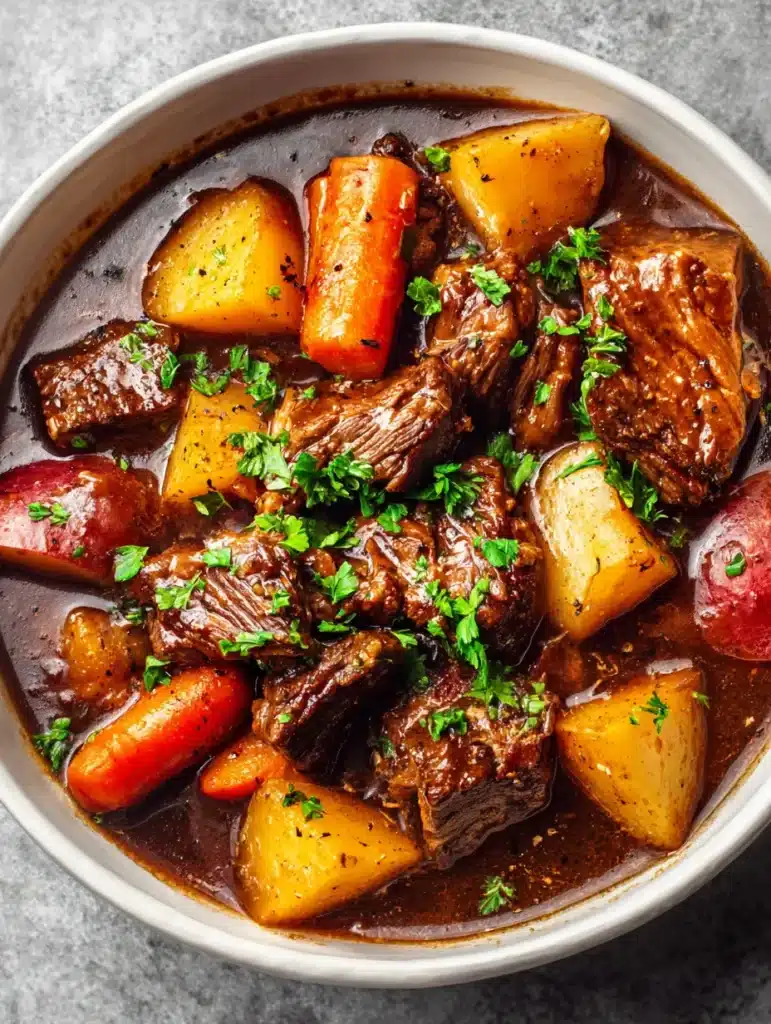 Crockpot Beef Stew: The Ultimate Guide to a Velvety Mahogany Gravy 1 Close up of the velvety mahogany gravy and visible dried thyme flecks in the Crockpot Beef Stew.
