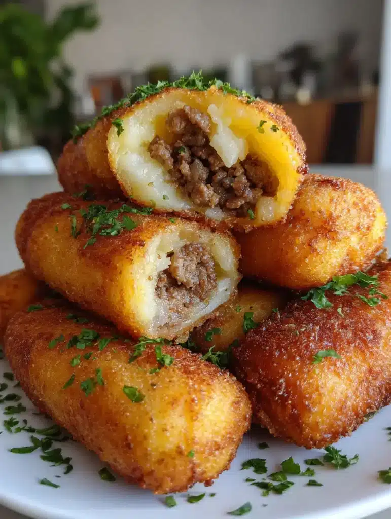 A broken potato roll showcasing the seasoned ground meat filling and pale-yellow mashed potato layer.