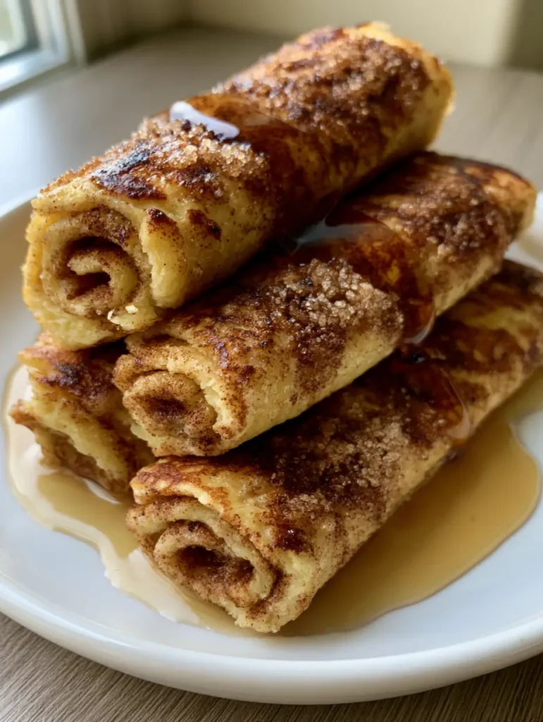 Cinnamon Roll French Toast Roll-Ups with a Crispy Cinnamon Sugar Crust 1 Three tightly coiled French toast rolls on a wooden table with glossy maple syrup. (Cinnamon Roll French Toast Roll-Ups)