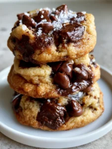 Close up of a thick chocolate chip cookie with a golden-brown edge and glossy chocolate chunks. (Chocolate Chip Cookies)