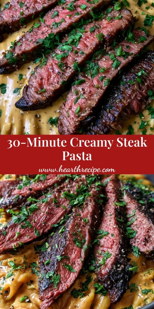 A close-up of Creamy Steak Pasta with sliced medium-rare skirt steak in a dark bowl.