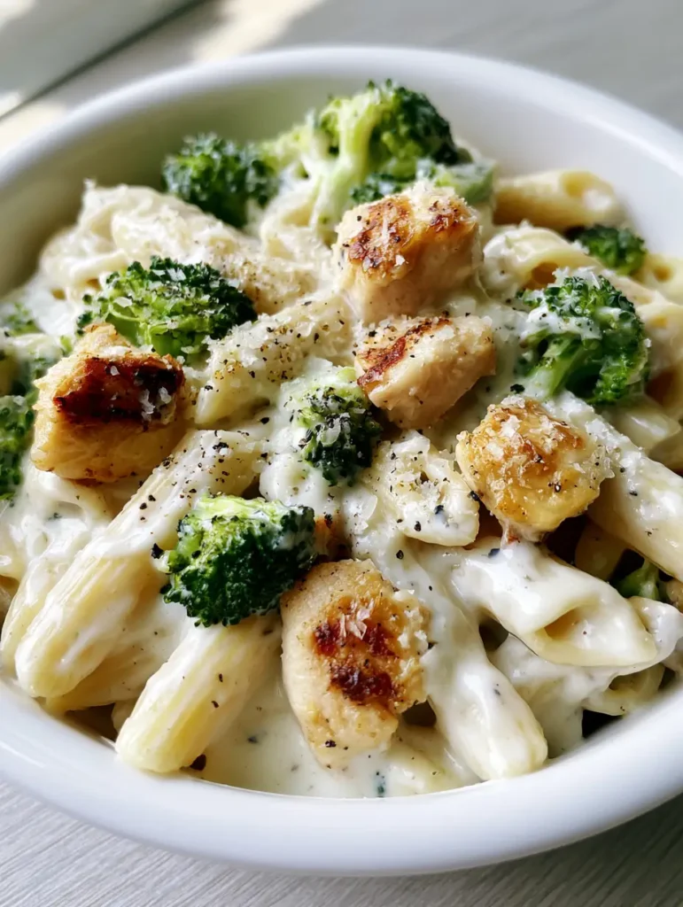 Chicken Broccoli Penne with a Thick and Glossy White Cream Sauce 1 A bowl of Chicken Broccoli Penne on a light wooden surface, highlighting the vibrant green broccoli and golden seared chicken.