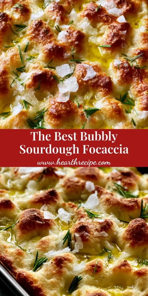 Close-up of rectangular Sourdough Focaccia with deep dimples, rosemary, and sea salt in a dark metal pan.