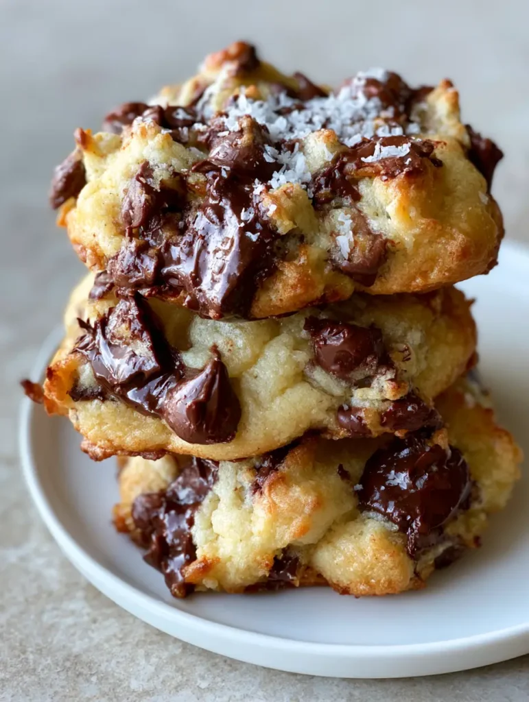 Chocolate Chip Cookies with Molten Chocolate Pools and Flaky Sea Salt 1 Three thick cookies stacked on a white ceramic plate with a gray stone background. (Chocolate Chip Cookies)