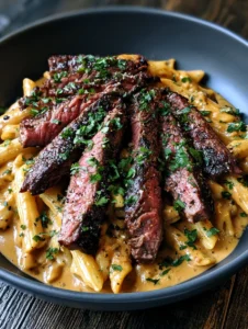 Creamy Steak Pasta featuring thick slices of seared skirt steak over penne in a glossy brown sauce.
