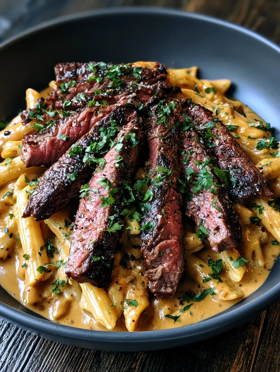 Creamy Steak Pasta featuring thick slices of seared skirt steak over penne in a glossy brown sauce.
