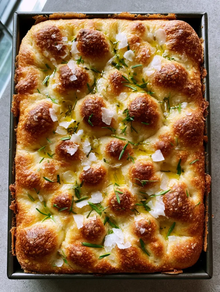 A high-angle smartphone photo of artisan Sourdough Focaccia showing translucent air bubbles and rosemary needles.