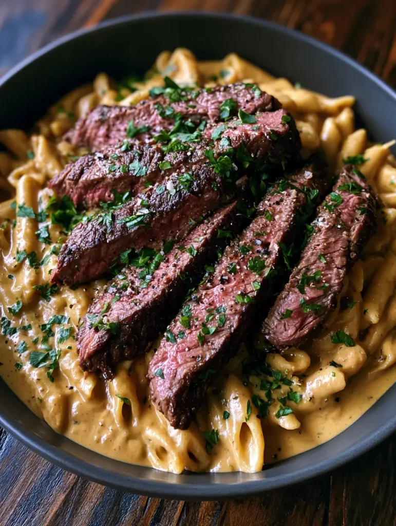Close-up of the light-brown garlic cream sauce on penne pasta with cracked black pepper.
