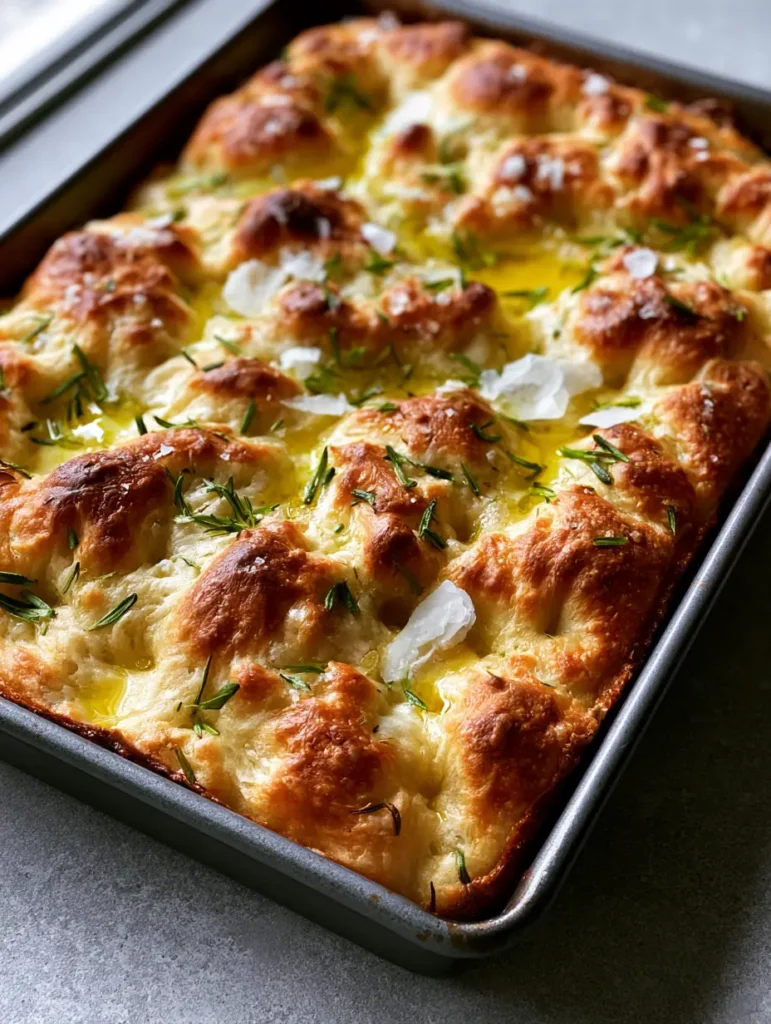 Close-up of golden brown Sourdough Focaccia peaks and pools of olive oil in a metal pan.