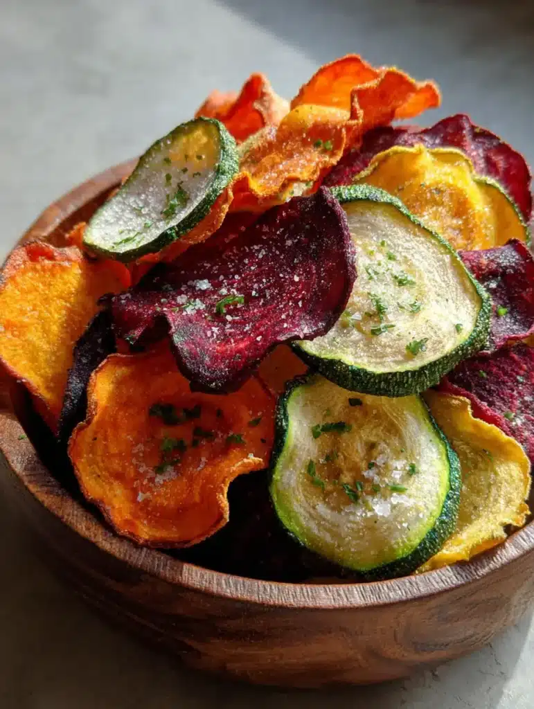 Close up of zucchini rounds and beet chips with visible salt crystals and dried herb flecks. (Air Fryer Veggie Chips)