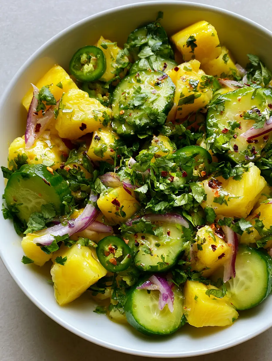 Close-up high-angle shot of Spicy Pineapple Cucumber Salad featuring yellow cubed pineapple and vibrant green cucumber rounds.